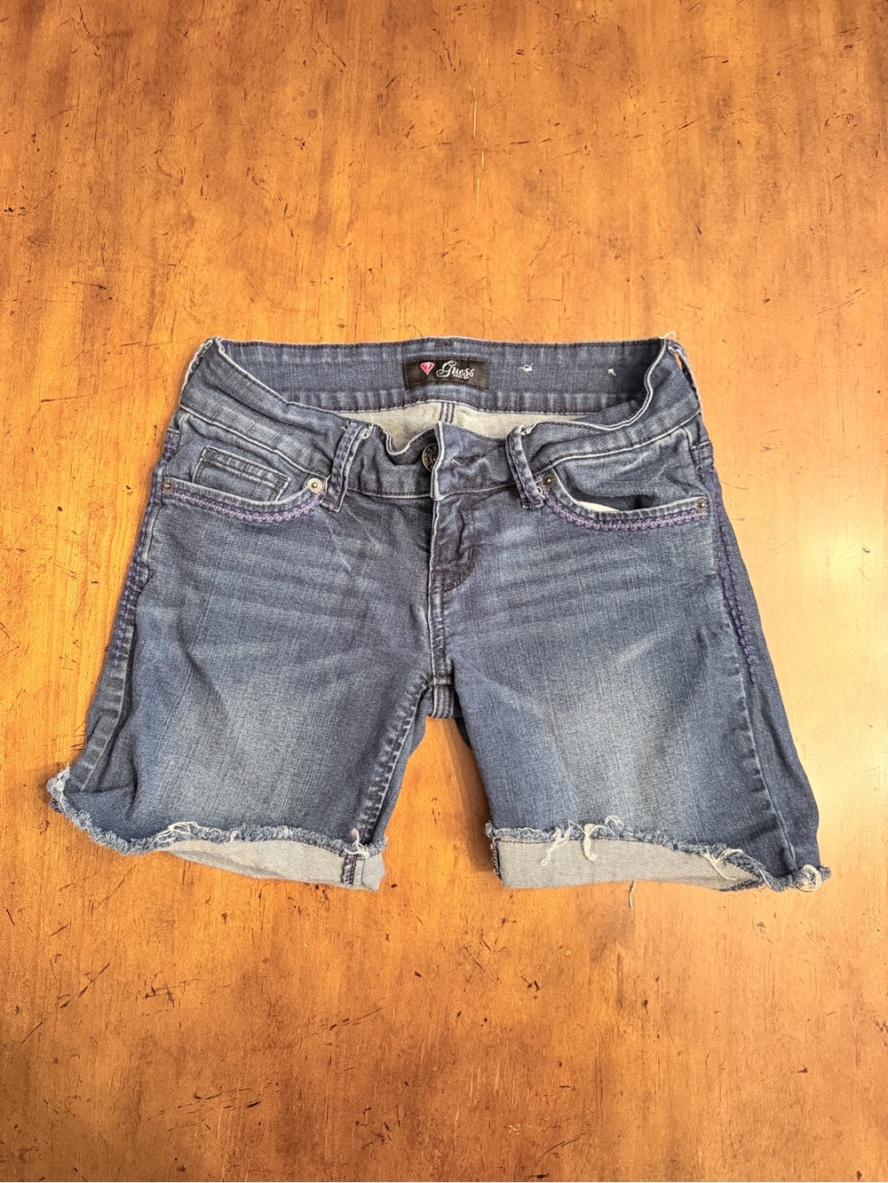 GUESS Denim Bermuda Shorts - Blue Wash - Purple Stitching - Women’s US 25